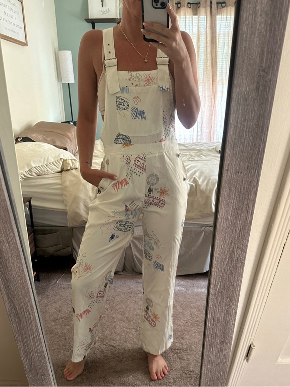 Cider Cream Printed Women's Overalls with Multicolor Motifs